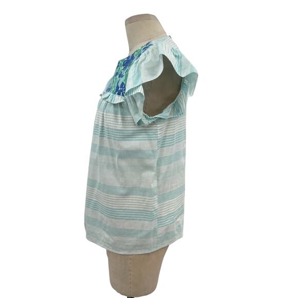 J.Marie Blouse Top Flutter Sleeve Embroidered Floral Stripe Size Small - Picture 6 of 13